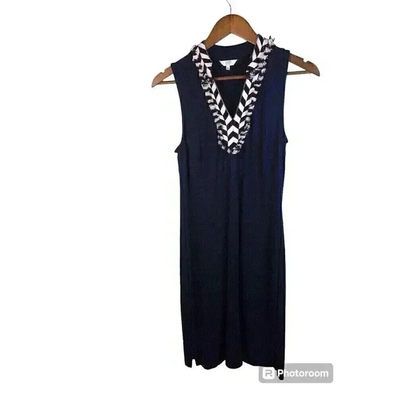Crown & Ivy Small Navy Blue Sheath Dress Sleeveless Fringe Neckline - Picture 1 of 6